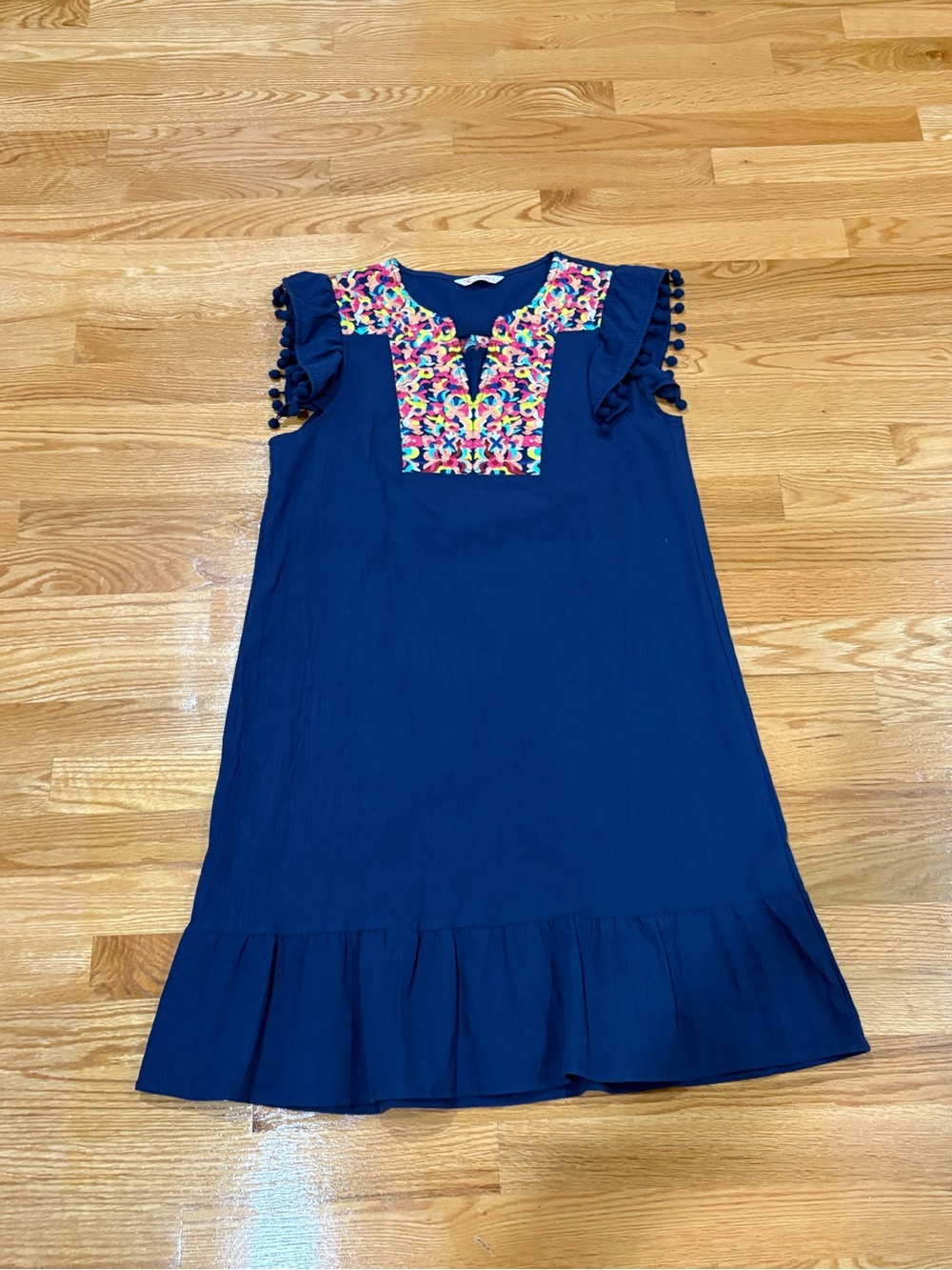Navy Embroidered Pom-Trim Flutter Sleeve Casual Dress